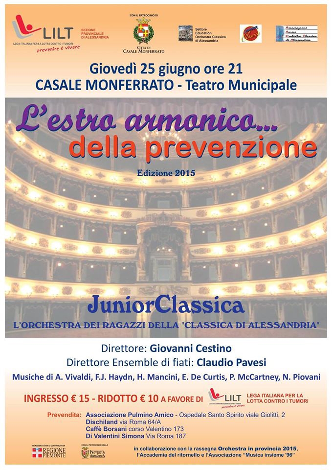 L’estro armonico della prevenzione stasera al teatro di Casale con la Junior Classica e Lilt