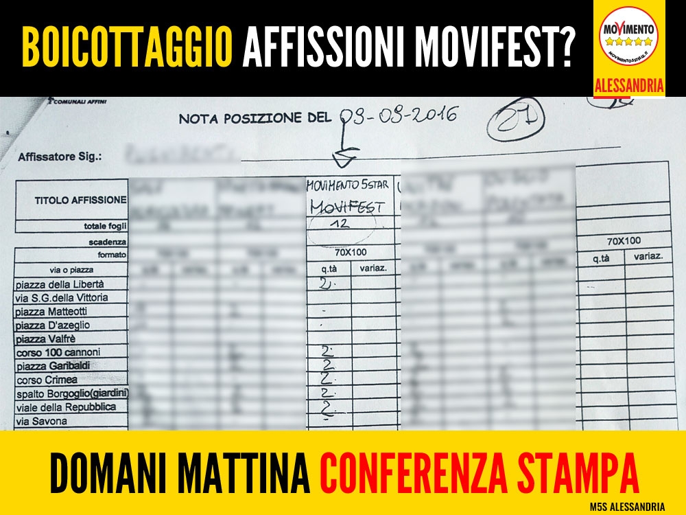 M5S Alessandria: “boicottaggio sulle affissioni del Movifest?”