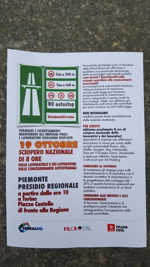 Sciopero e presidio a Torino per i lavoratori edili delle società di manutenzione e progettazioni autostradali