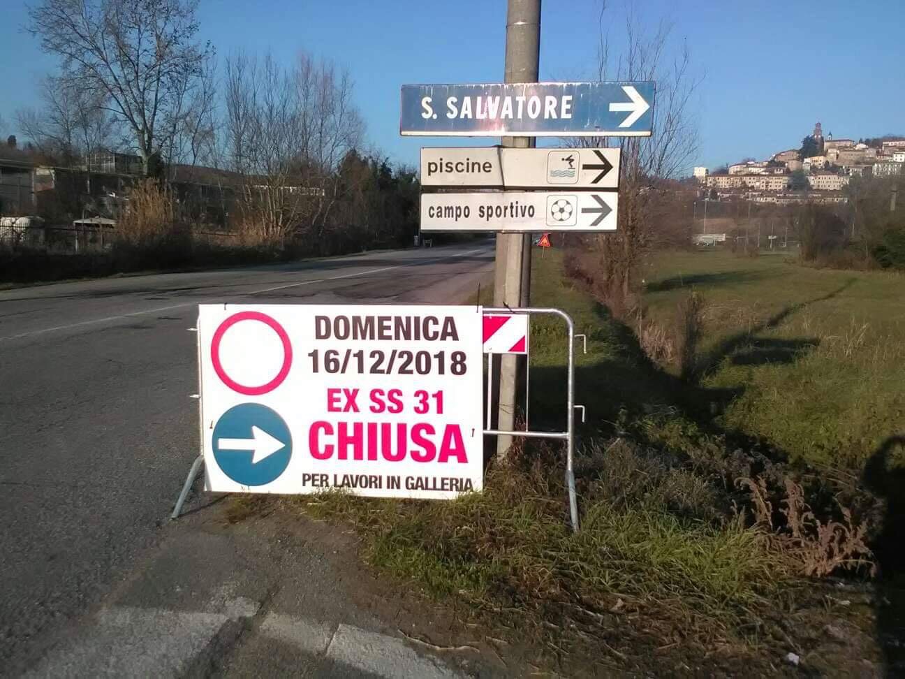 Domenica 16 dicembre lavori nella galleria di San Salvatore sulla ex SS 31