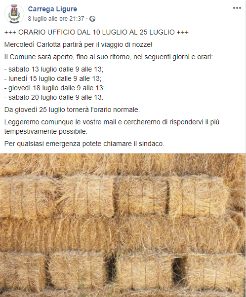 L’impiegata va in viaggio di Nozze: a Carrega la sostituisce il sindaco
