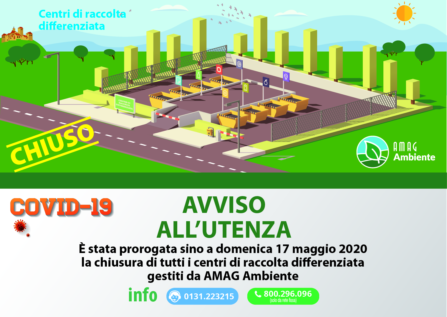 Amag Ambiente: prorogata chiusura centri raccolta differenziata fino al 17 maggio