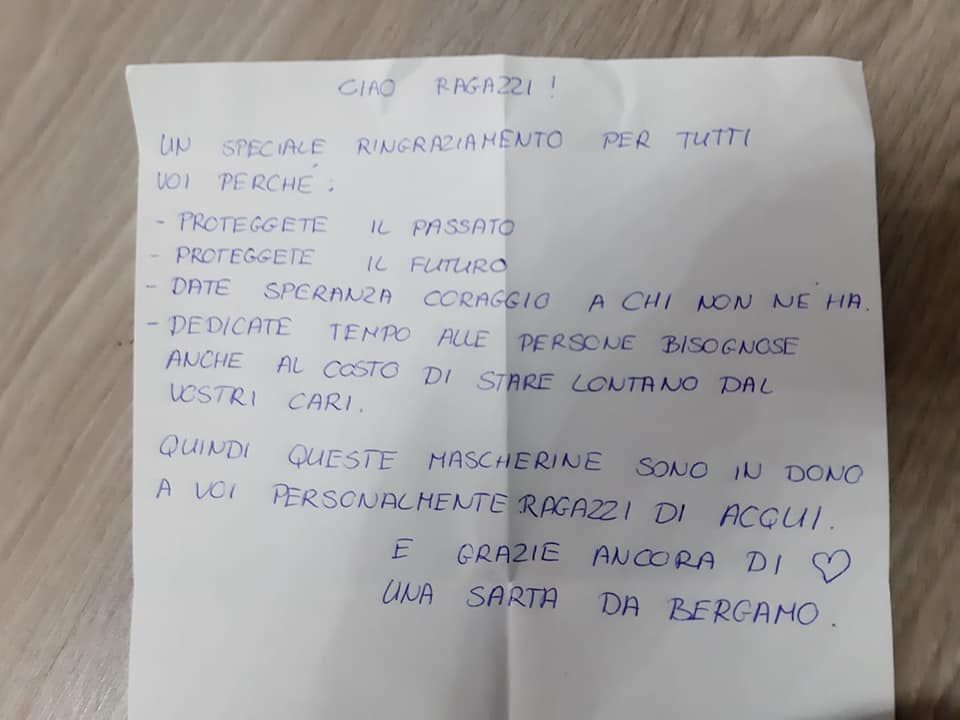 Da una sarta di Bergamo mascherine in dono alla Protezione Civile di Acqui