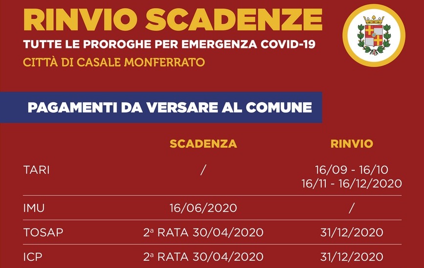Ecco le proroghe dei pagamenti di tasse, utenze e sanzioni adottate a Casale per l’emergenza Covid-19