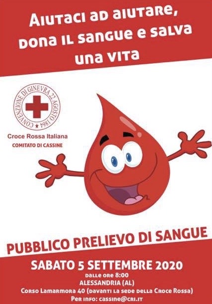 Sabato 5 pubblico prelievo di sangue in Croce Rossa ad Alessandria