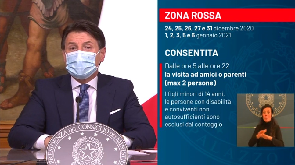 Decreto Natale, Conte: “Zona rossa durante le feste ma si possono ricevere due persone non conviventi”