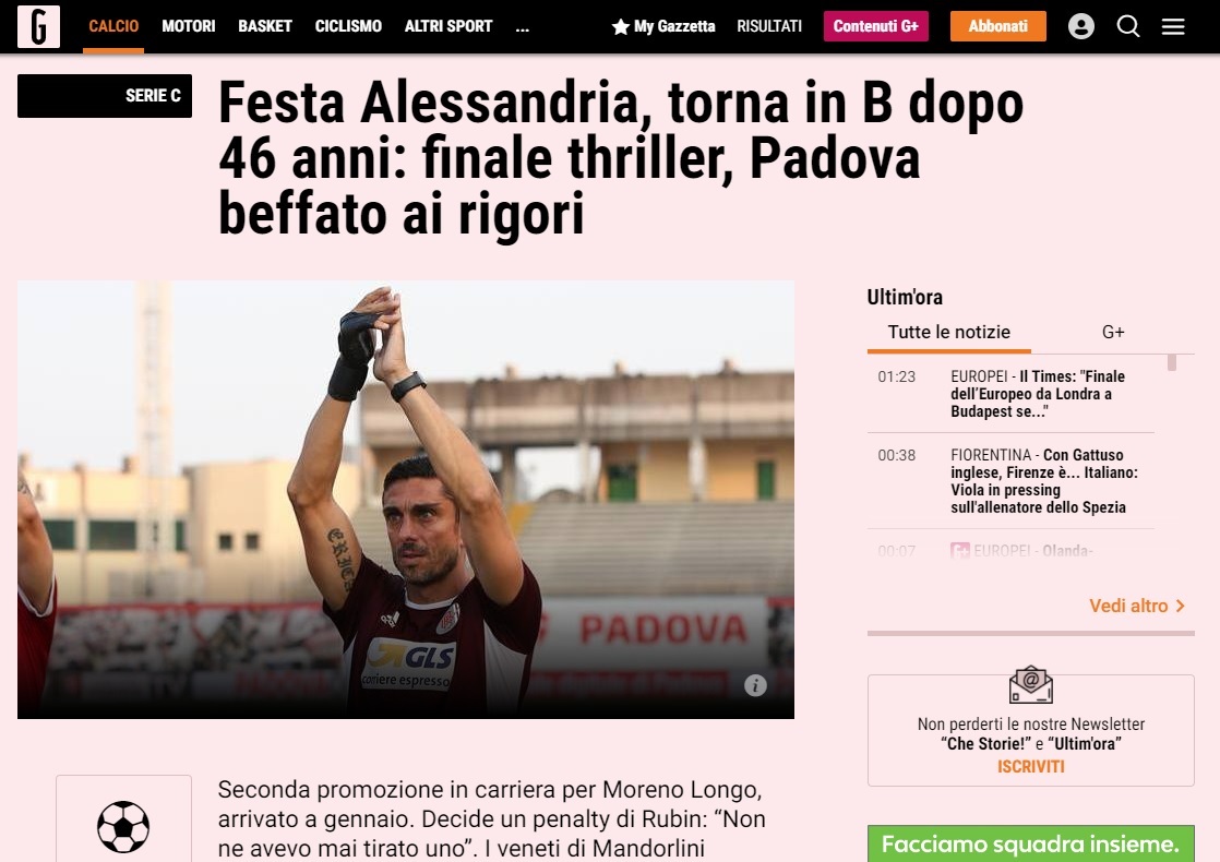 Alessandria Calcio in serie B: l’impresa dei Grigi sui siti nazionali