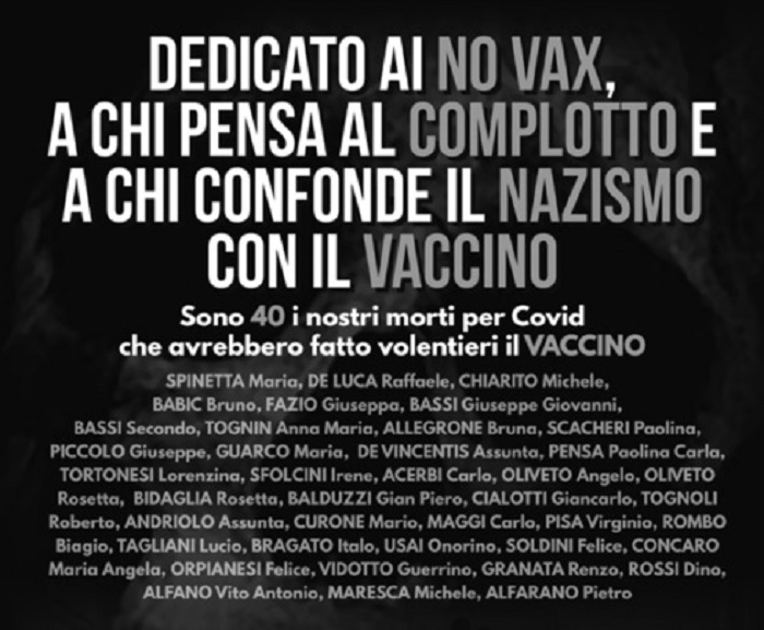 Il cartellone choc del sindaco di Castelnuovo contro i no vax: “In 40 sono morti e avrebbero preferito il vaccino”