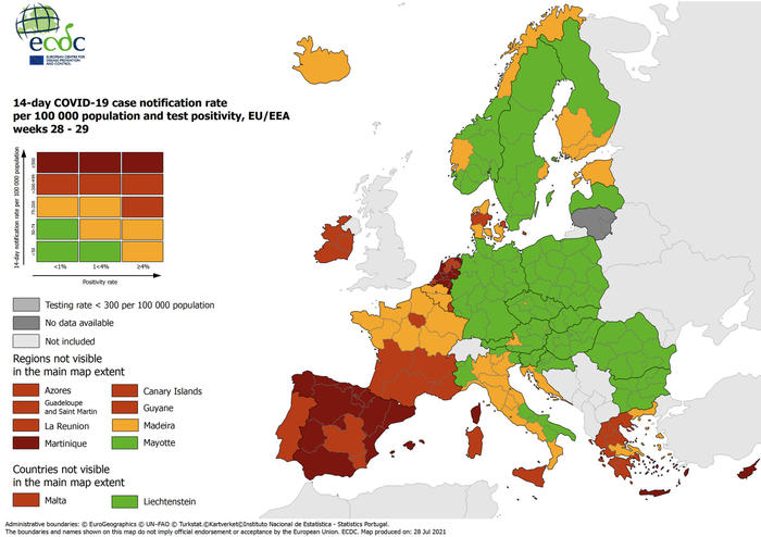 Nella mappa europea sulla diffusione del Covid il Piemonte resta verde