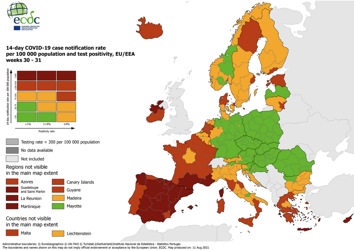 Nella mappa Ecdc sui contagi Covid il Piemonte resta in giallo ma l’Italia vira verso il rosso