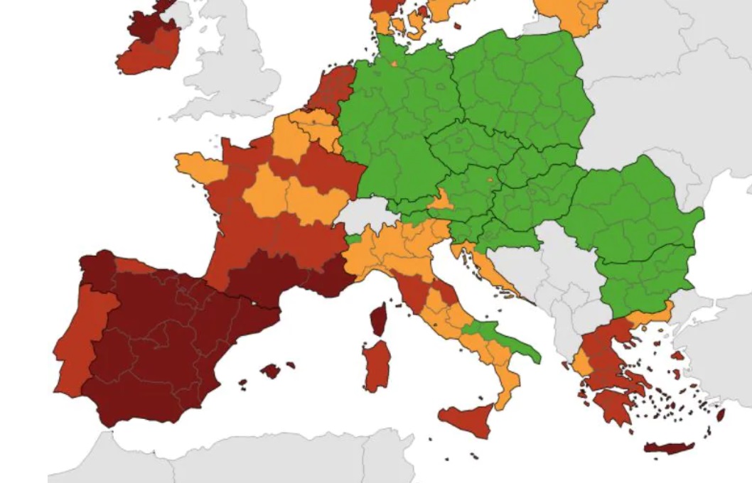 Nella mappa europea sulla diffusione del Covid il Piemonte diventa giallo