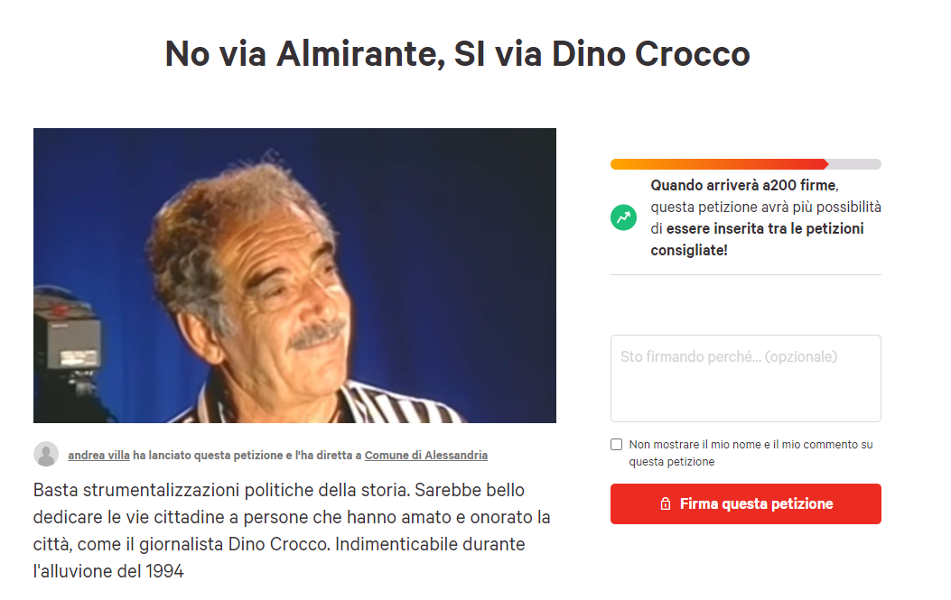 “Via Almirante? Una figuraccia nei confronti della cittadina onoraria Segre”. Da qui è nata la raccolta firme