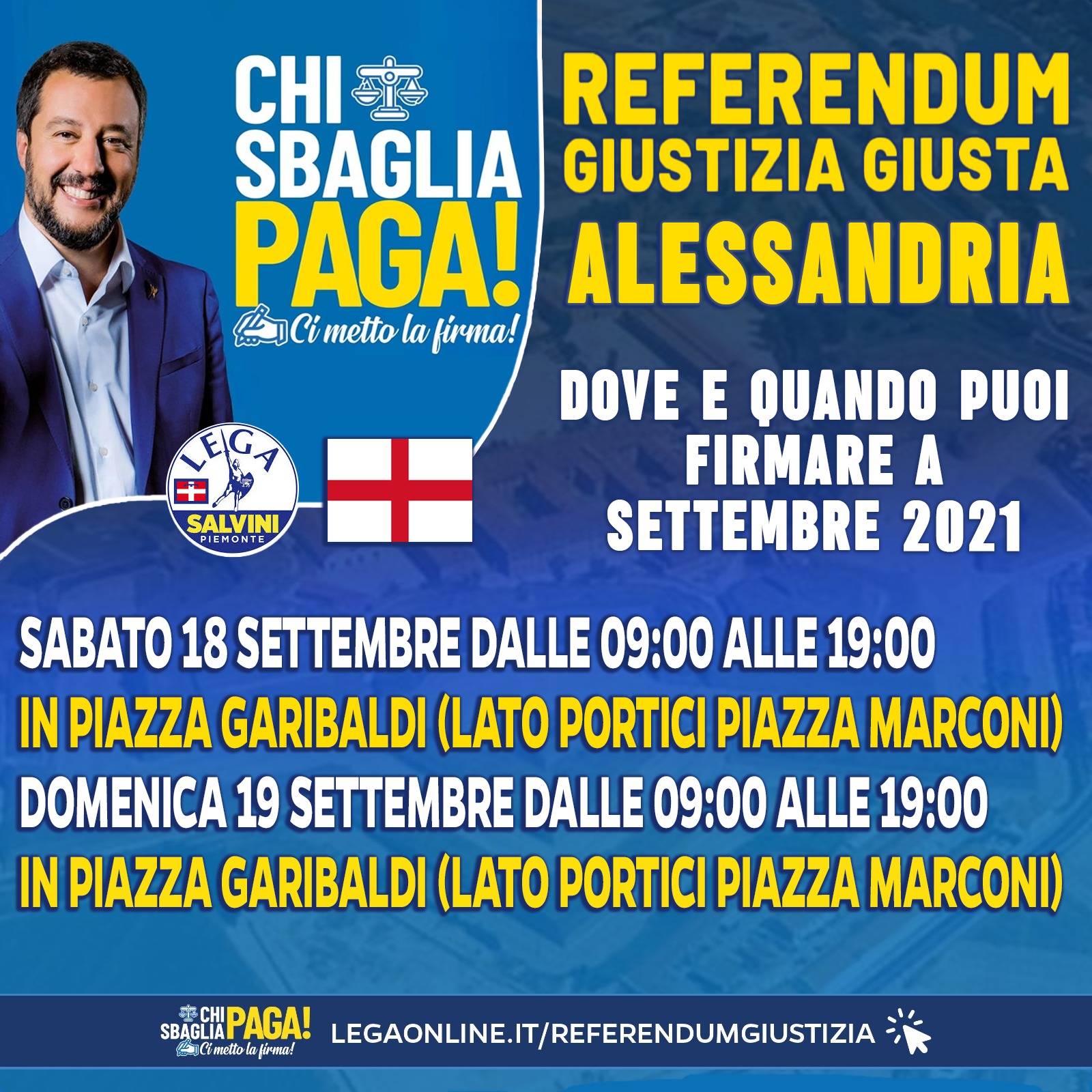 Lega: sabato e domenica ad Alessandria continua la raccolta firme per i referendum sulla Giustizia