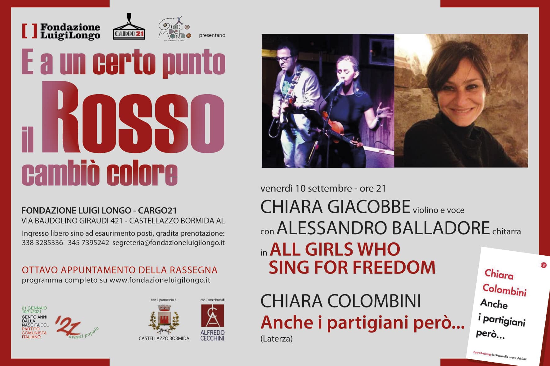 Il 10 settembre a Castellazzo il “Nero Imperfetto” di Antonazzo, i partigiani di Chiara Colombini e le canzoni di Chiara Giacobbe