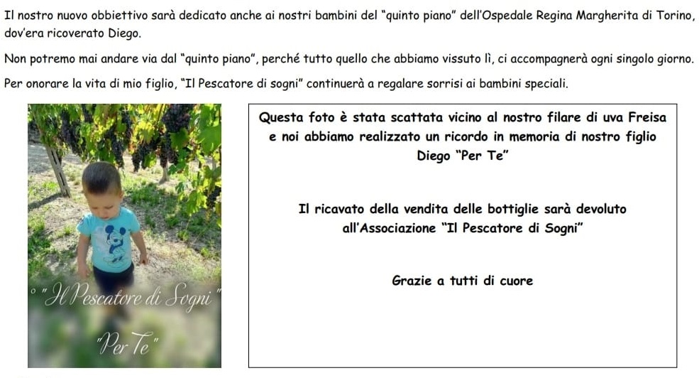In ricordo del piccolo Diego una bottiglia di vino per sostenere i bimbi che lottano contro la leucemia