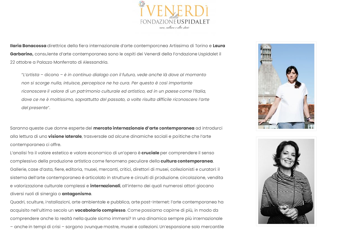 Il 22 ottobre i Venerdì della Fondazione Uspidalet con Ilaria Bonacossa e Laura Garbarino