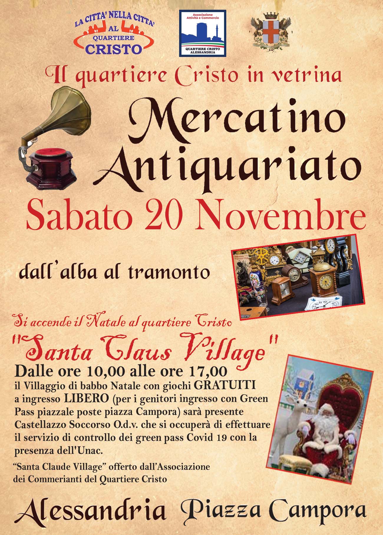 Il 20 novembre mercatino dell’antiquariato e Santa Claus Village al Cristo