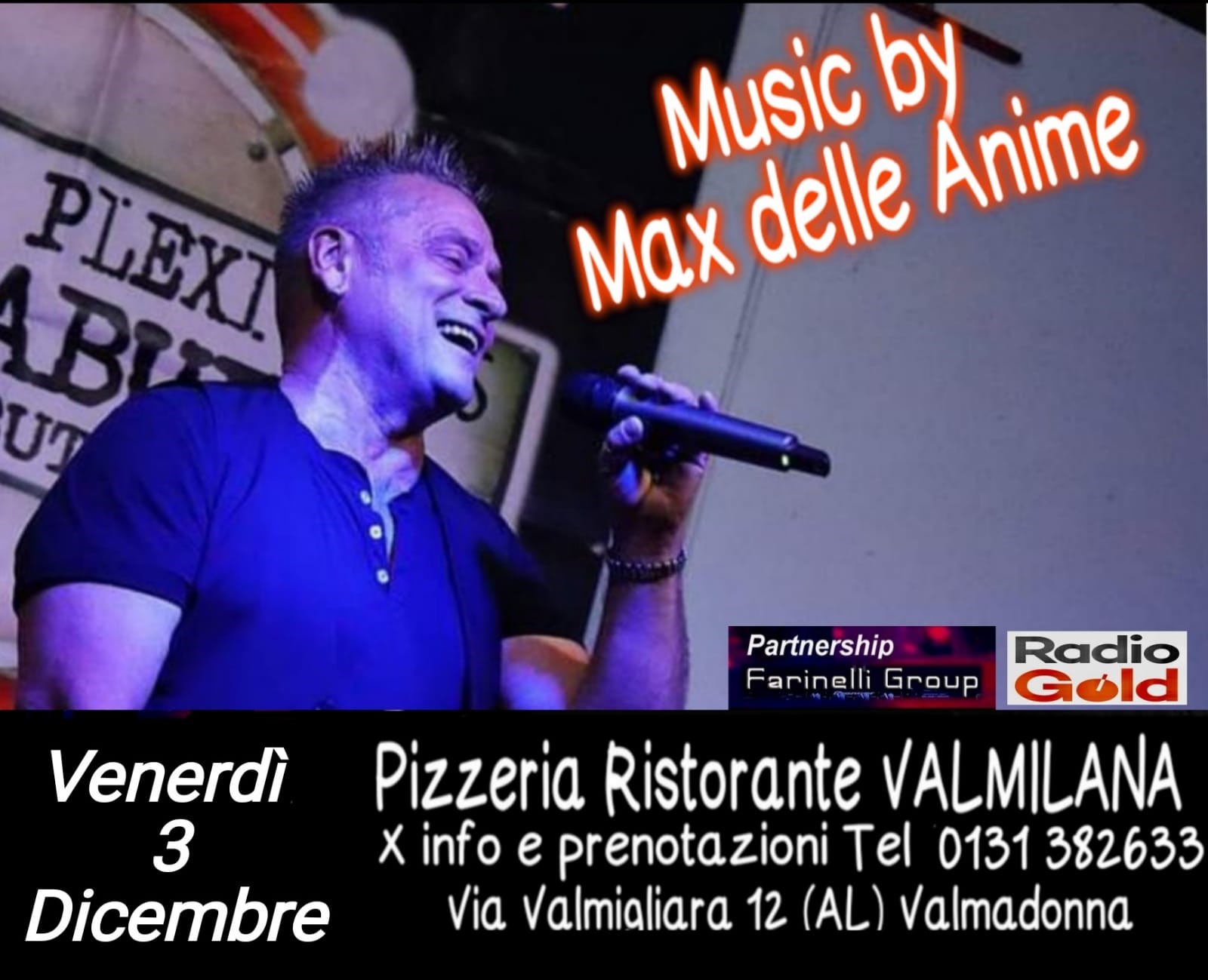 Max delle Anime venerdì 3 dicembre alla Valmilana