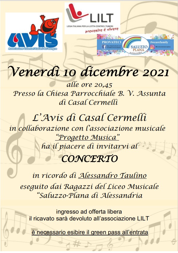 Il 10 dicembre concerto in ricordo di Alessandro Taulino a Casal Cermelli