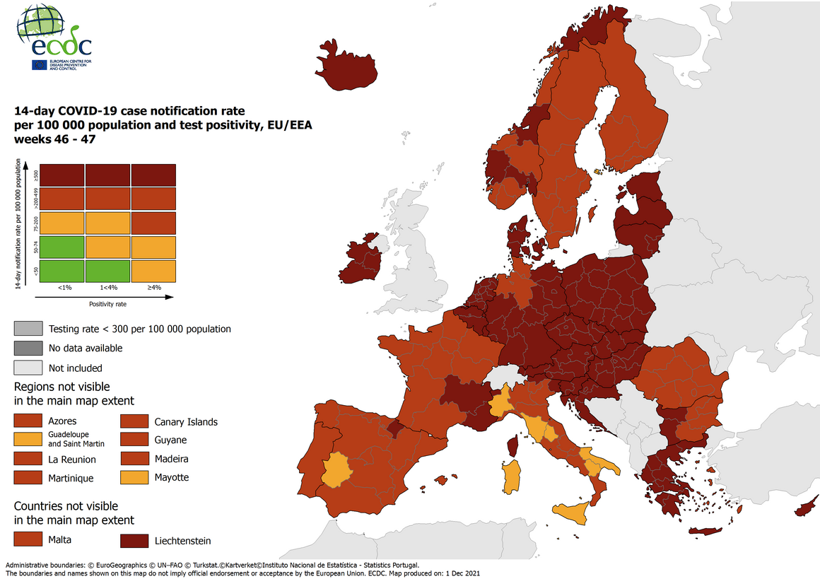 Mappa Ecdc: il Piemonte in giallo insieme ad altre 6 regioni. Tutte le altre rosse