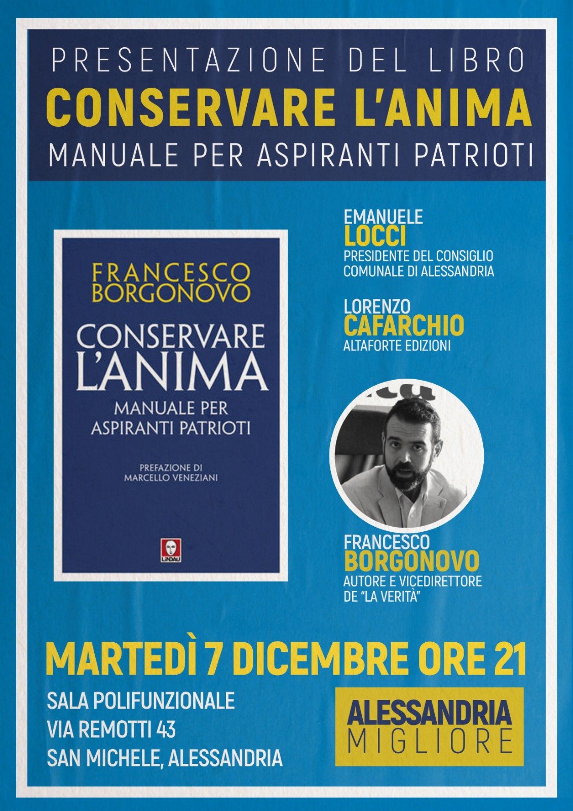 Il 7 dicembre presentazione del libro di Francesco Borgonovo ad Alessandria