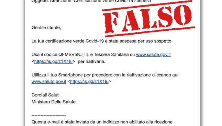 Attenti alla mail falsa: finge la sospensione del Green Pass per carpire dati personali