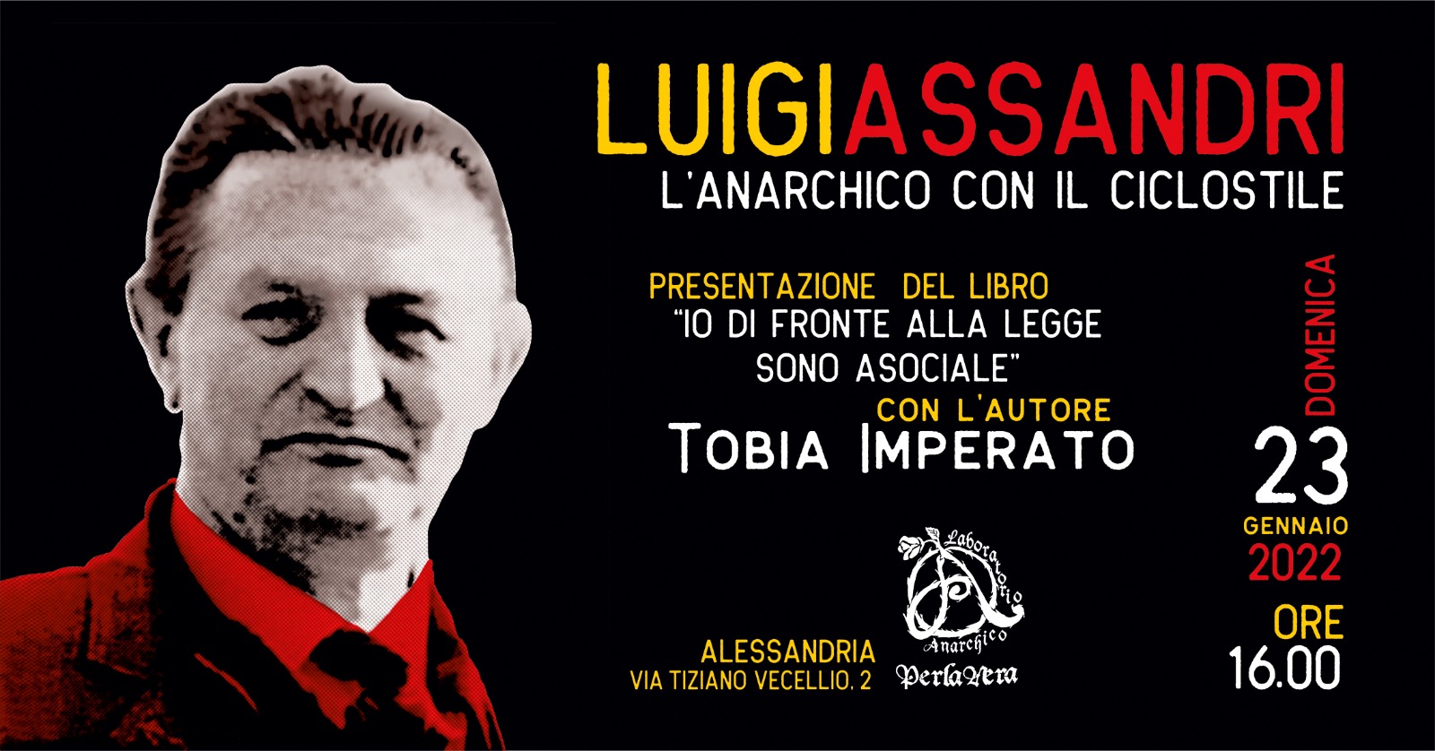 Il 23 gennaio al laboratorio PerlaNera la presentazione del libro “Io di fronte alla legge sono asociale”