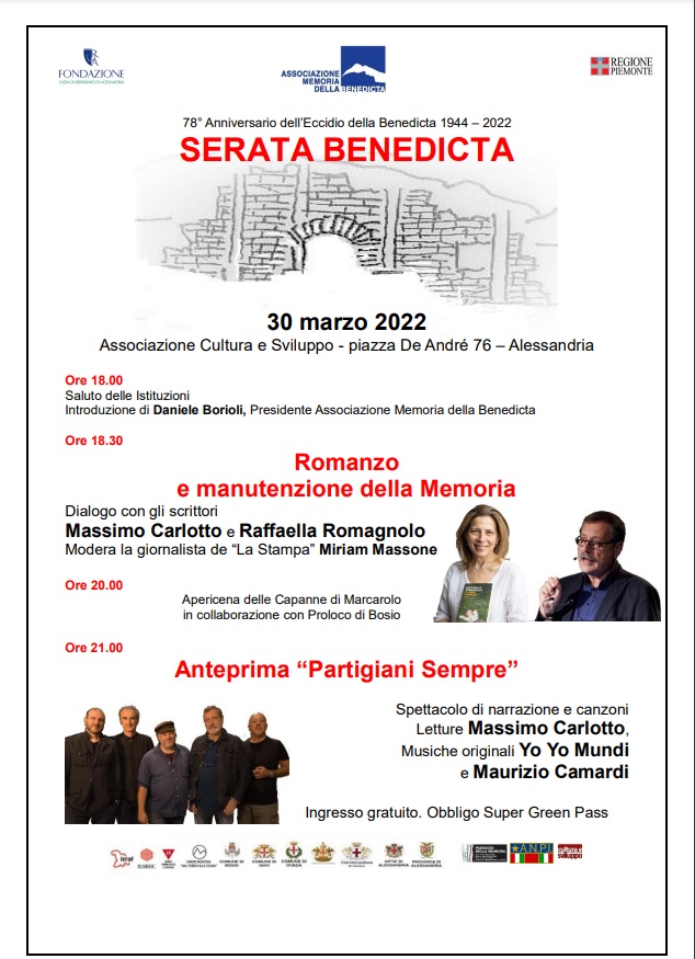 Il 30 marzo la Serata Benedicta con Massimo Carlotto, Raffaella Romagnolo, Yo Yo Mundi e Maurizio Camardi