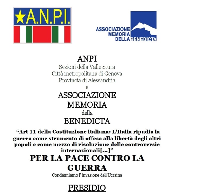 Domenica 6 marzo a Campo Ligure “Presidio per la pace, contro la guerra”