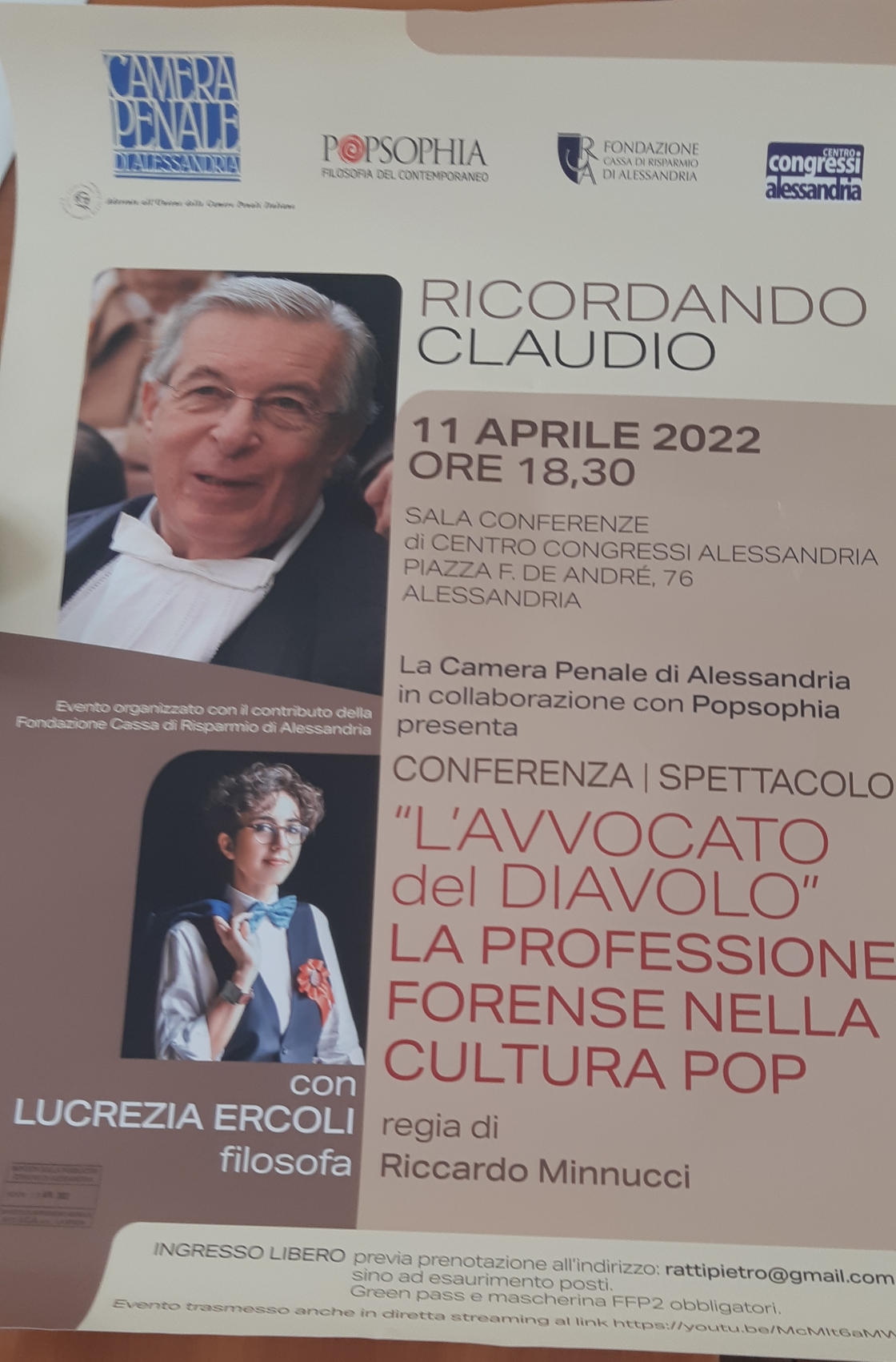 L’11 aprile ad Alessandria la conferenza-spettacolo “L’avvocato del diavolo”