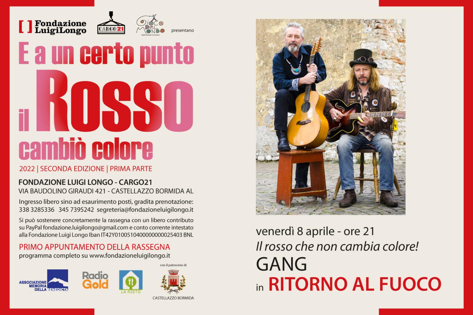 Venerdì 8 aprile i GANG in concerto da Cargo 21 a Castellazzo Bormida