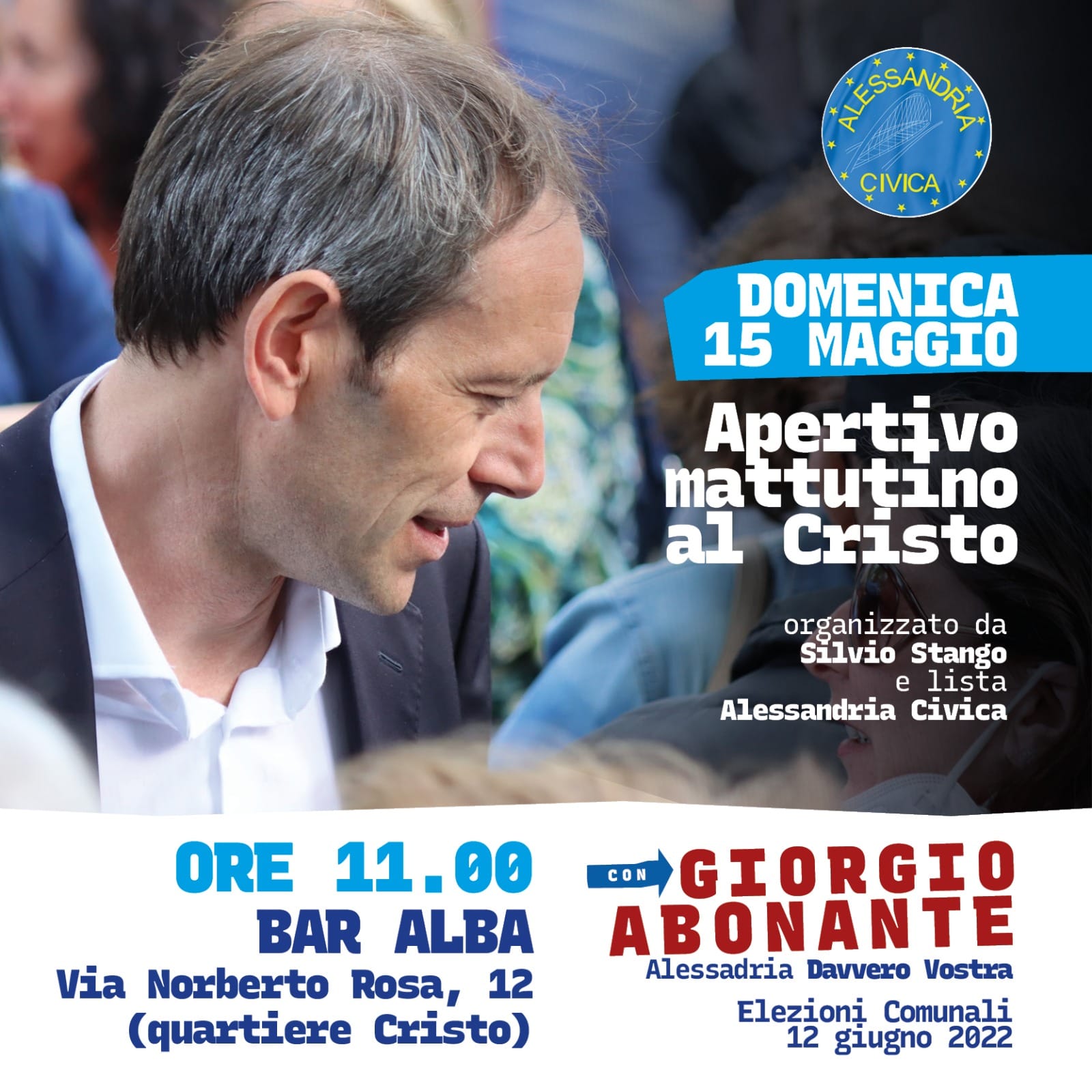 Elezioni: il 15 aprile aperitivo al quartiere Cristo con Giorgio Abonante promosso da Alessandria Civica