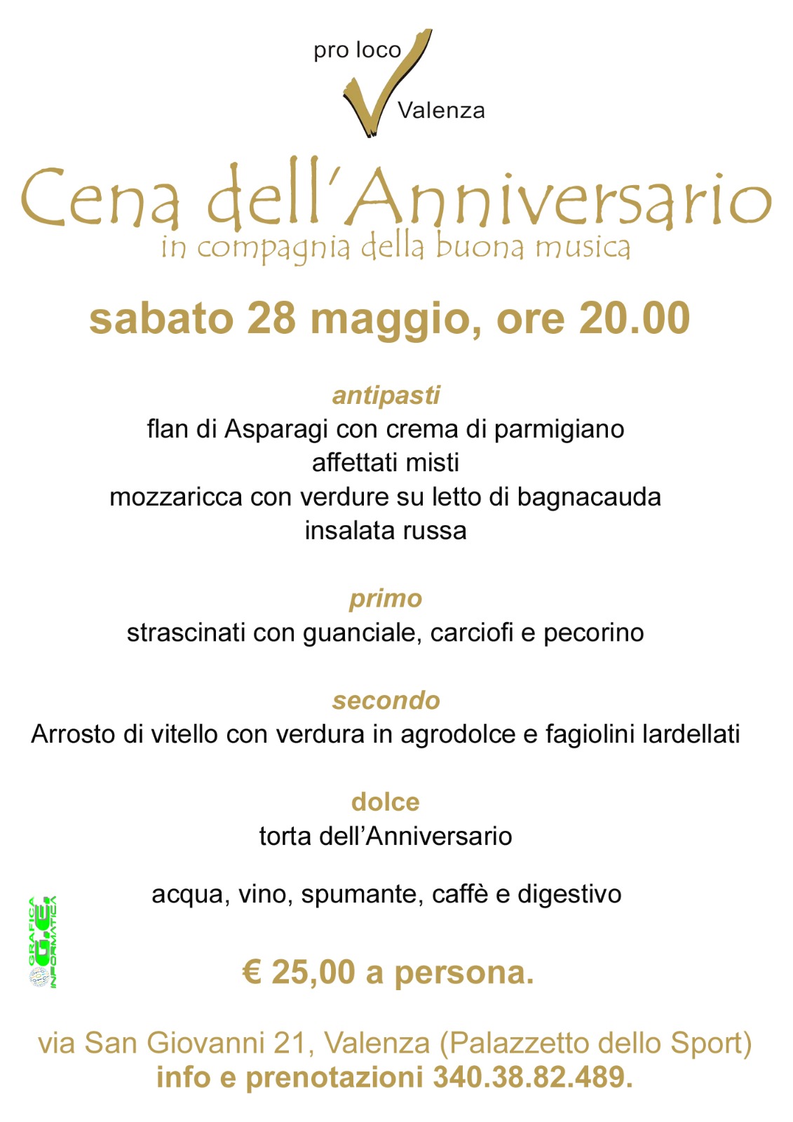 Il 28 maggio cena dell’anniversario della Pro loco di Valenza