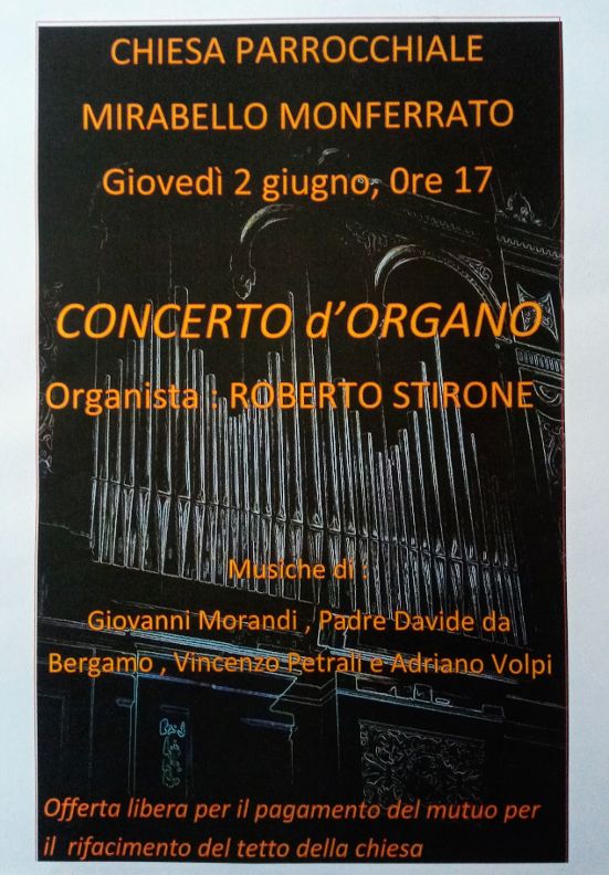 Il 2 giugno concerto d’organo nella chiesa parrocchiale di Mirabello Monferrato