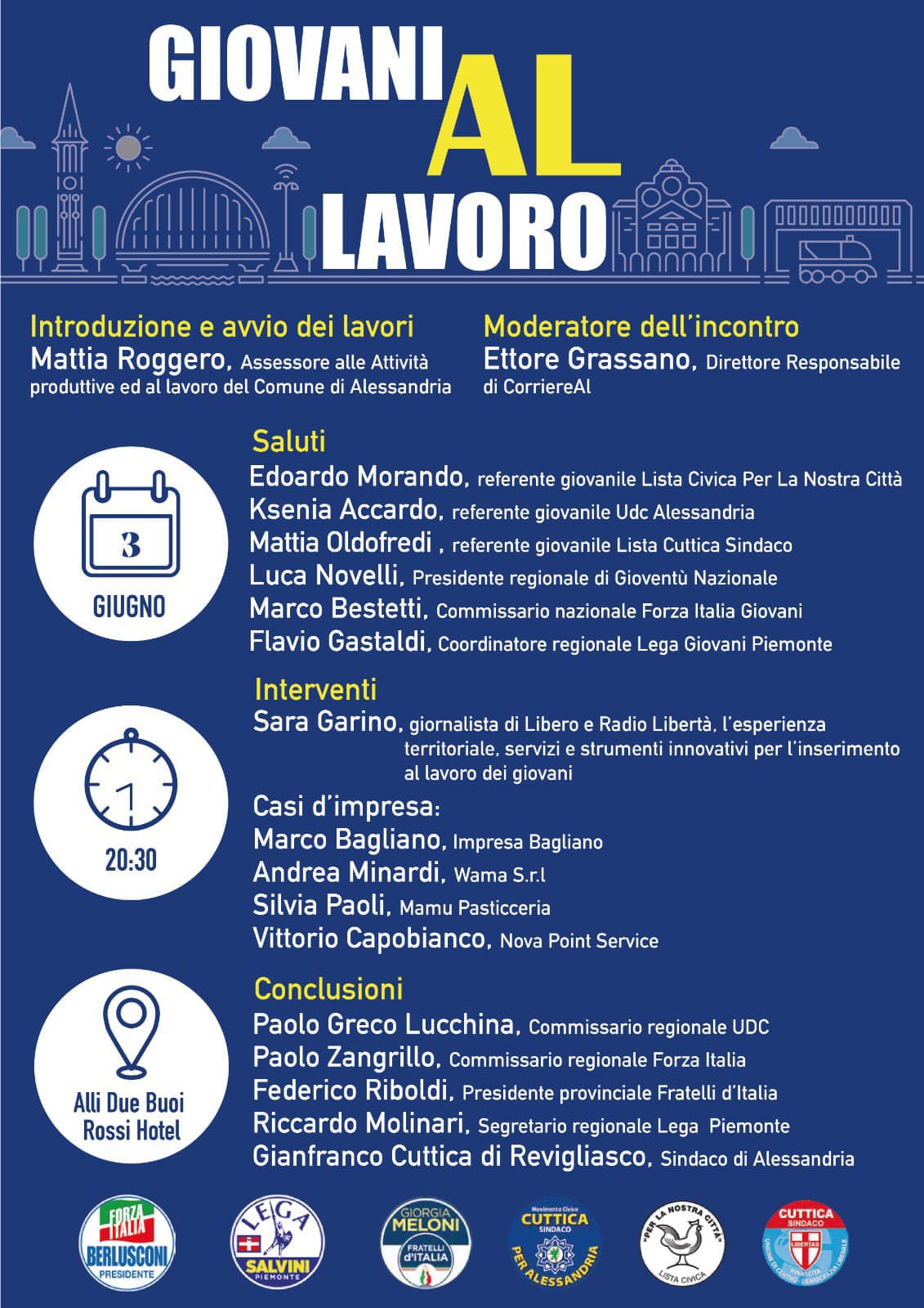 Elezioni: il 3 giugno incontro su giovani e lavoro promosso dal centrodestra per Cuttica sindaco