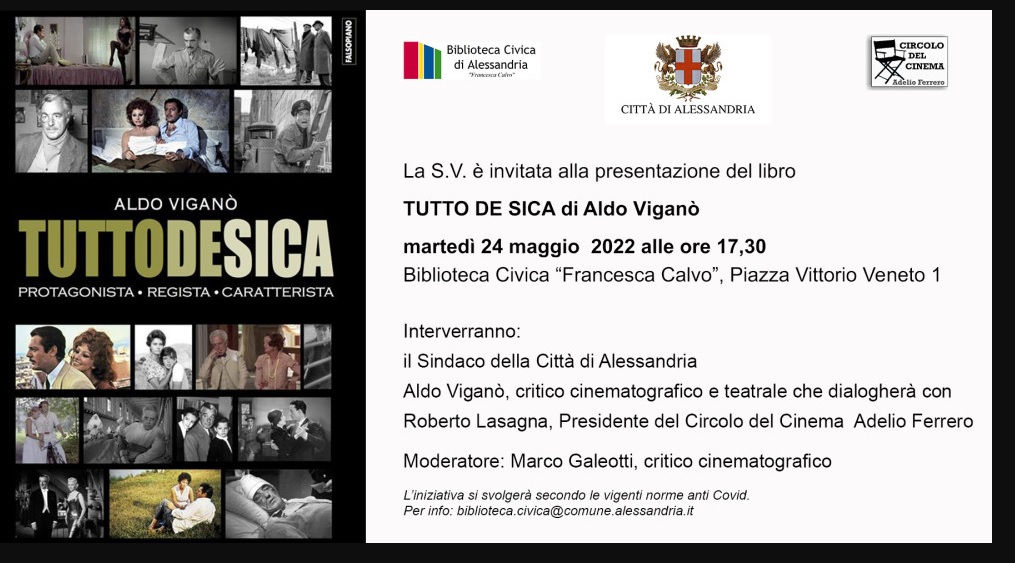 Il 24 maggio in Biblioteca ad Alessandria la presentazione del libro “Tutto De Sica” di Aldo Viganò