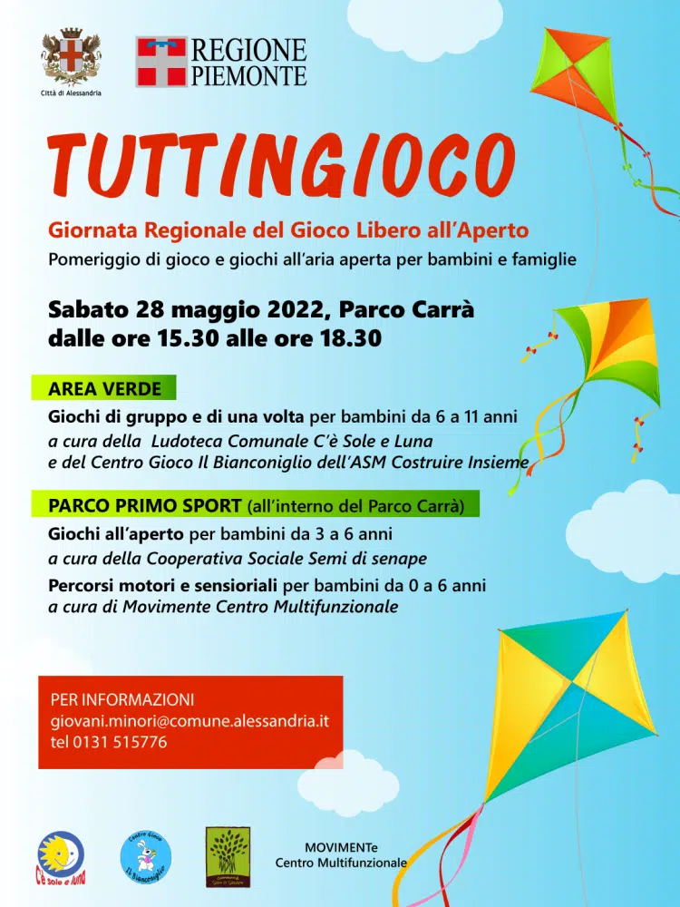 Sabato 28 maggio “Tuttingioco!” al Parco Carrà di Alessandria