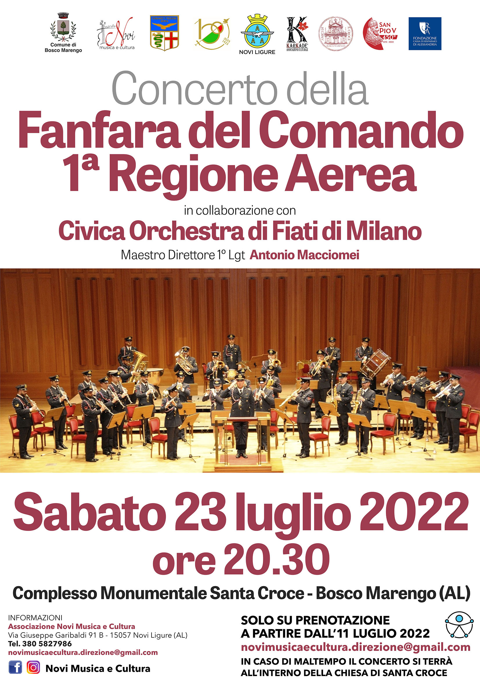 Il 23 luglio concerto della Fanfara 1ª Regione Aerea A.M. e dell’orchestra di Fiati di Milano a Bosco Marengo
