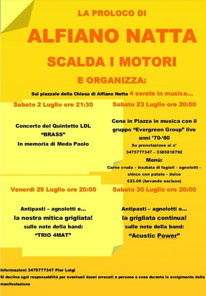 Il 29 e 30 luglio cena e musica in piazza ad Alfiano Natta
