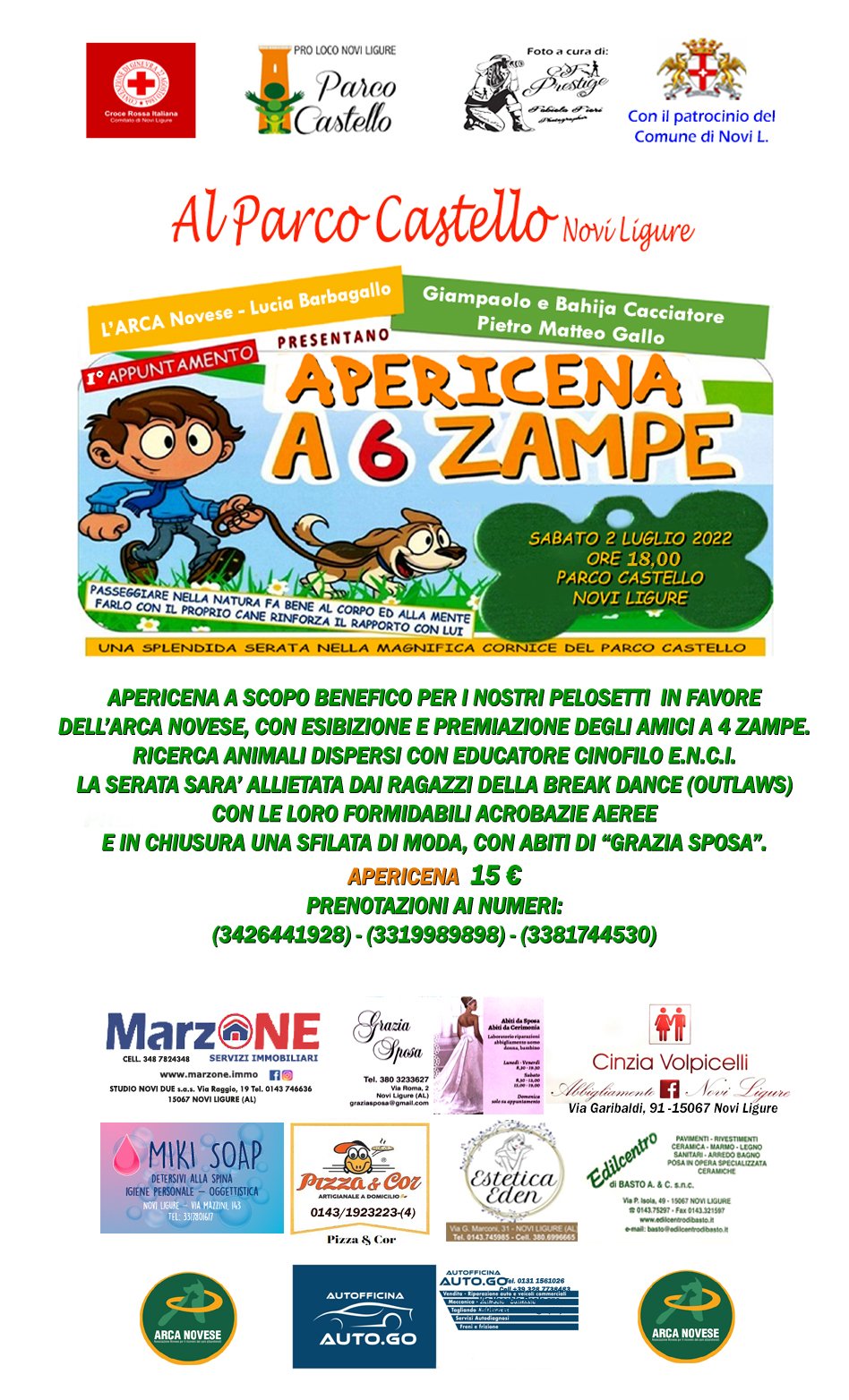 Sabato 2 luglio “Apericena a 6 zampe” al Parco del Castello di Novi ligure