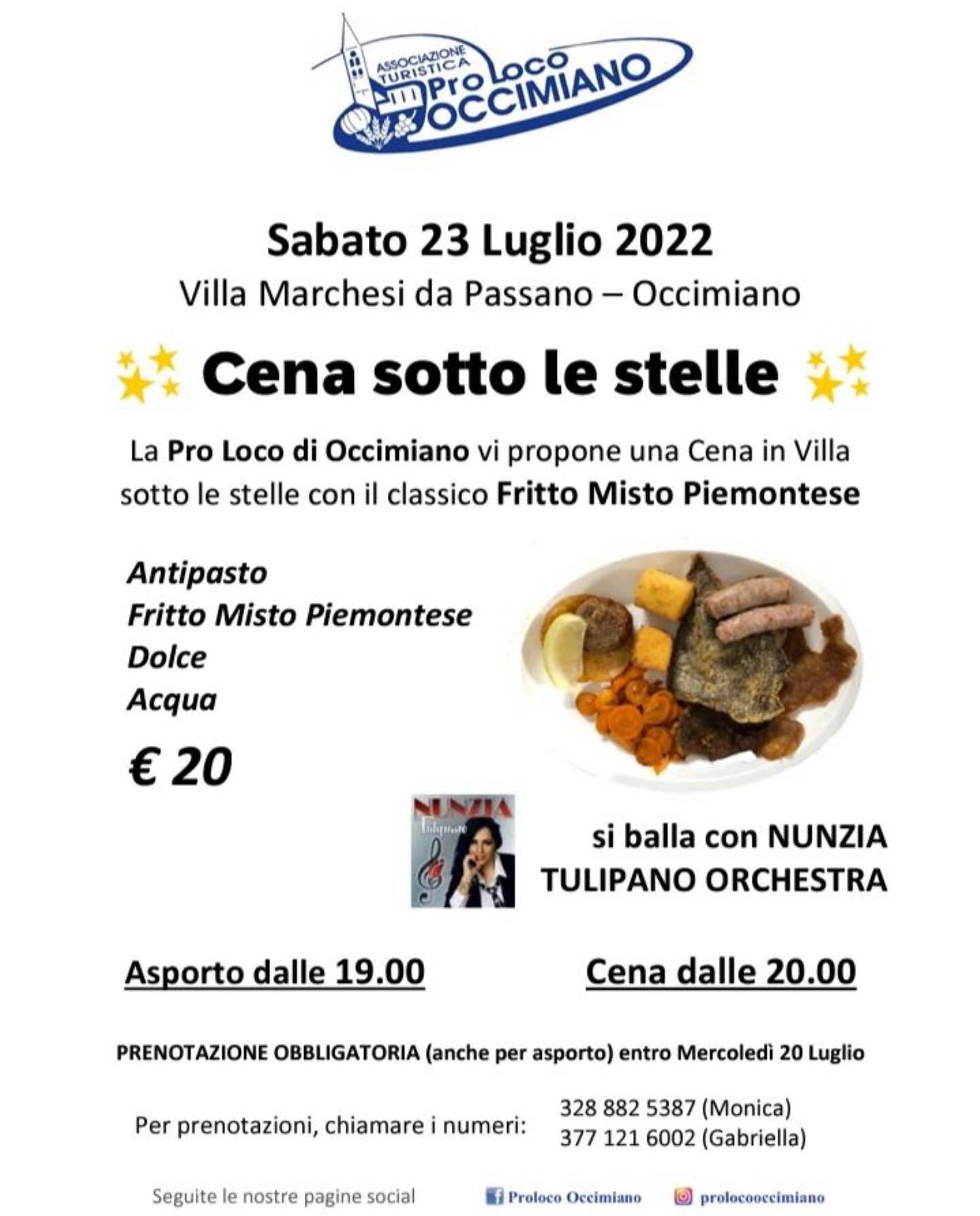 Sabato 23 luglio fritto misto alla piemontese nella “cena sotto le stelle” a Occimiano