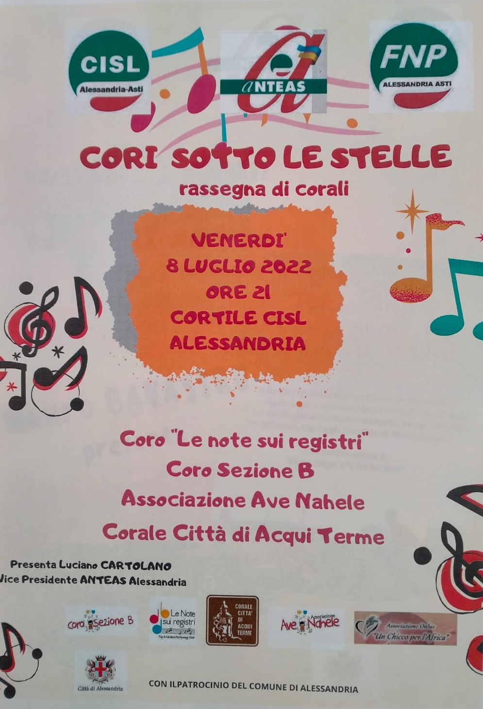 L’8 luglio nel cortile della Cisl di Alessandria “Cori sotto le stelle”