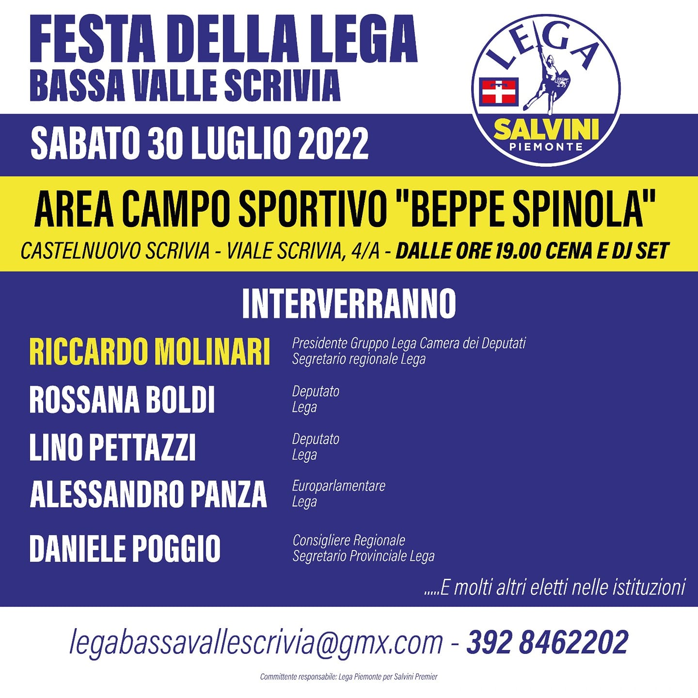 Sabato 30 luglio la Festa della Lega a Castelnuovo Scrivia