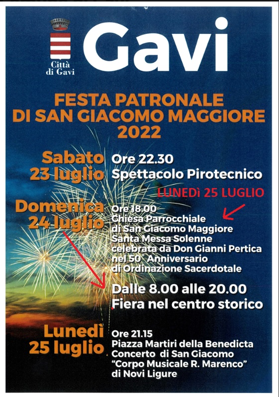 Dal 23 al 25 luglio a Gavi Festa Patronale di San Giacomo Maggiore
