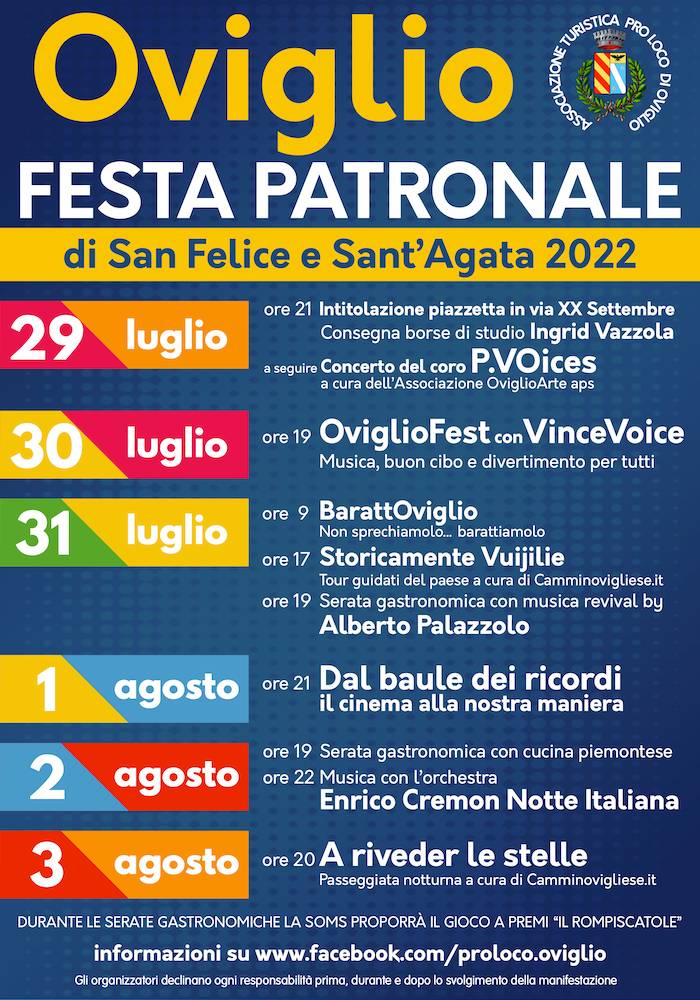 Dal 29 luglio al 3 agosto a Oviglio la Festa Patronale di San Felice e Sant’Agata