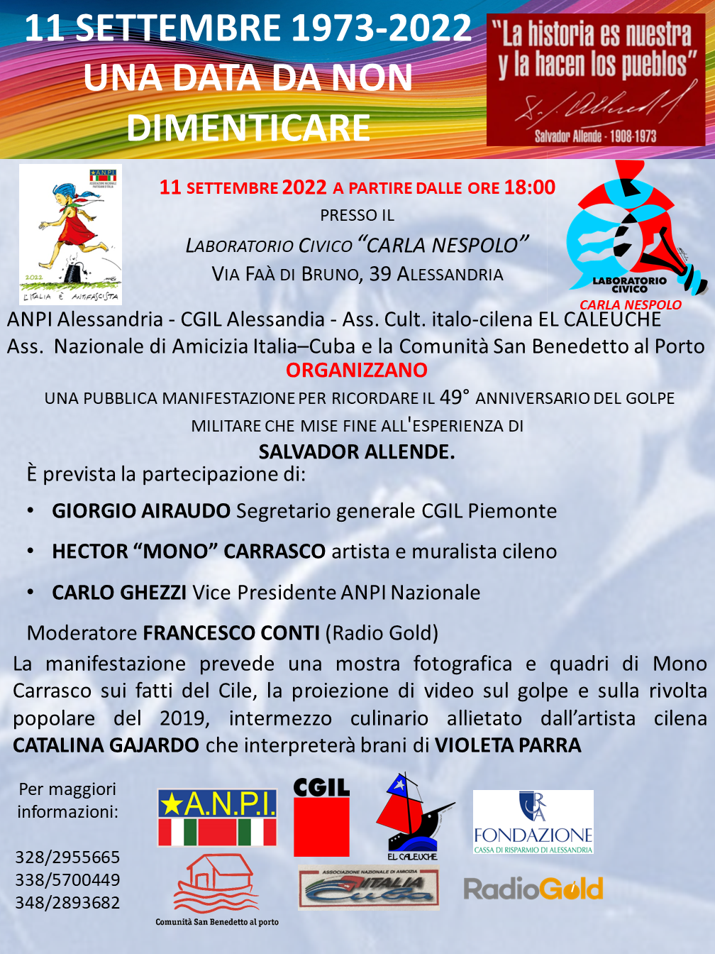 Domenica 11 settembre ad Alessandria l’incontro “11 settembre 1973-2022 – Una data da non dimenticare”