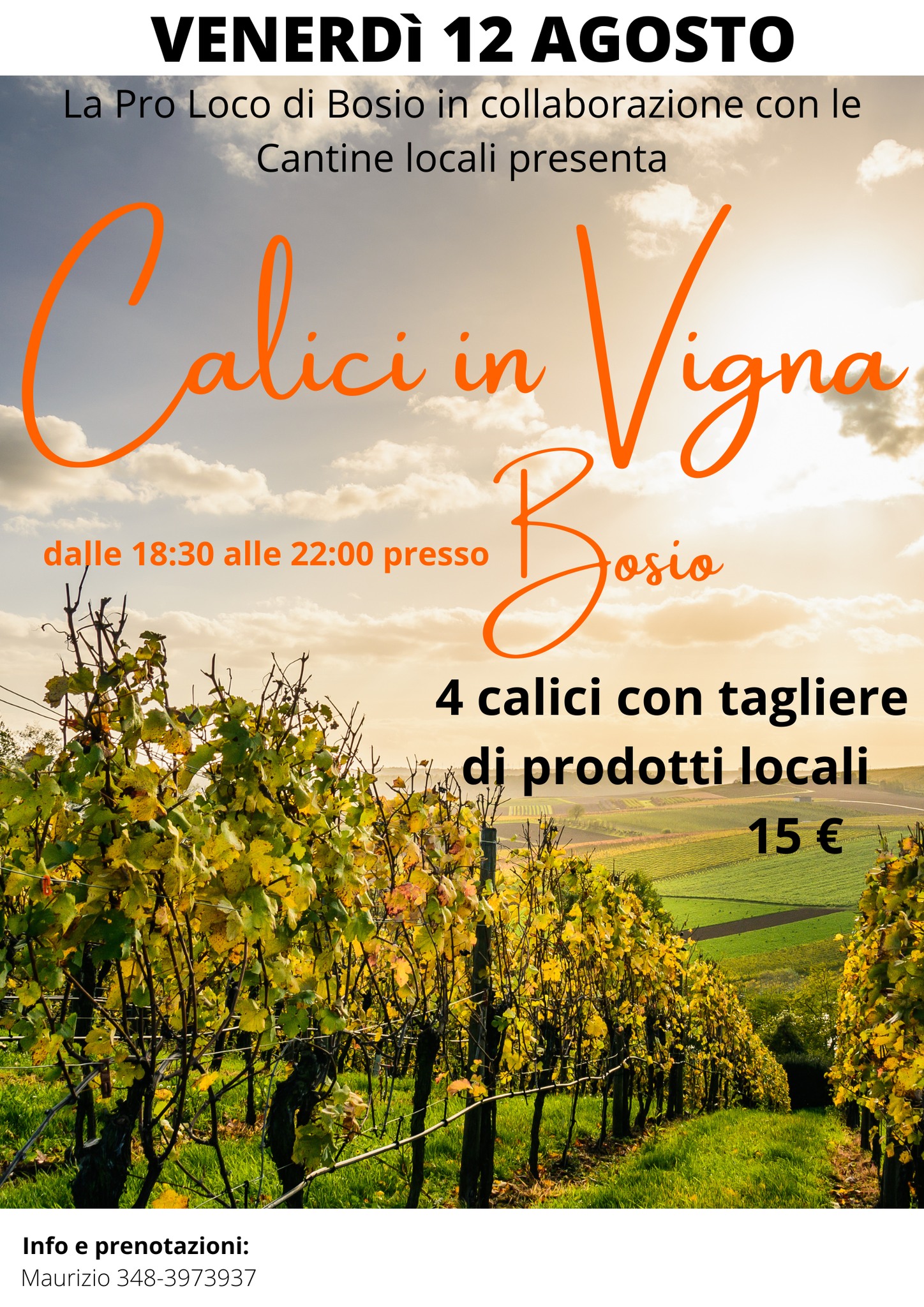 Venerdì 12 agosto a Bosio buon vino e salumi con “Calici in Vigna”