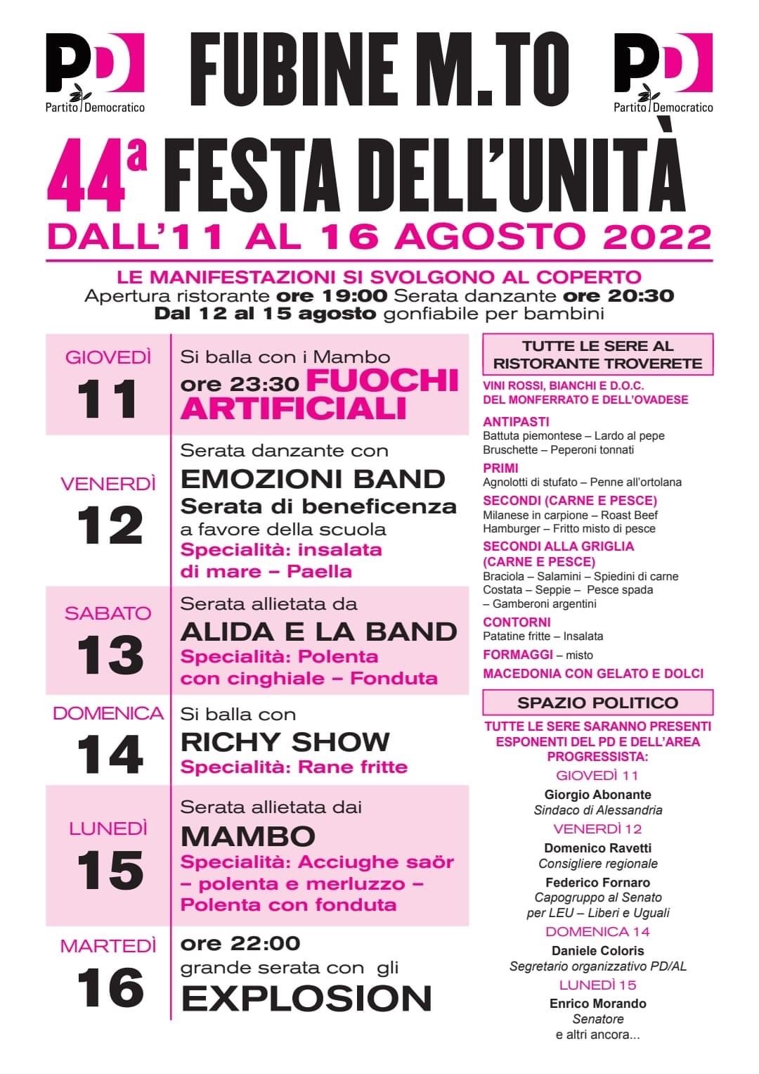 Dall’11 al 16 agosto Festa dell’Unità a Fubine