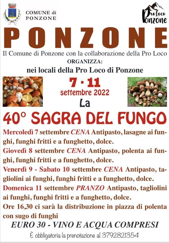Dal 7 all’11 settembre la Sagra del Fungo a Ponzone