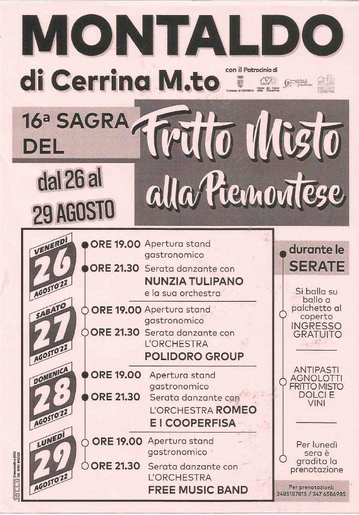 Dal 26 al 29 agosto a Montaldo torna la Sagra del Fritto Misto alla Piemontese